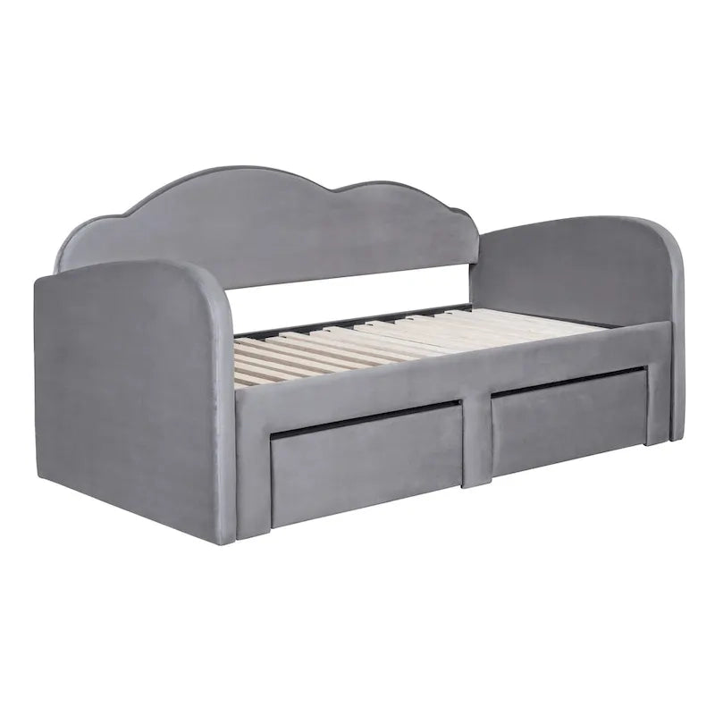 Beige Twin Upholstered Daybed with Cloud-Shaped Backrest, Trundle and Drawers