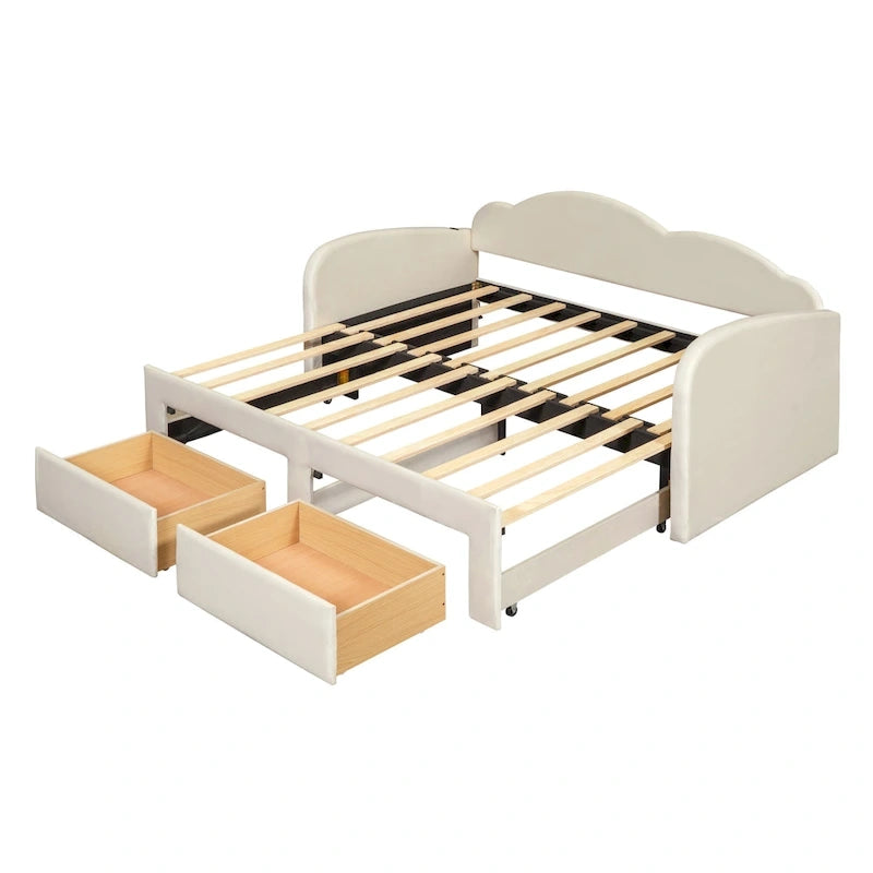 Beige Twin Upholstered Daybed with Cloud-Shaped Backrest, Trundle and Drawers
