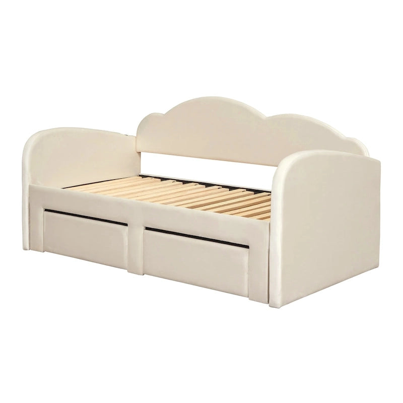 Beige Twin Upholstered Daybed with Cloud-Shaped Backrest, Trundle and Drawers