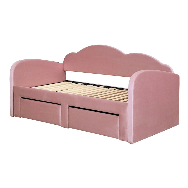 Beige Twin Upholstered Daybed with Cloud-Shaped Backrest, Trundle and Drawers