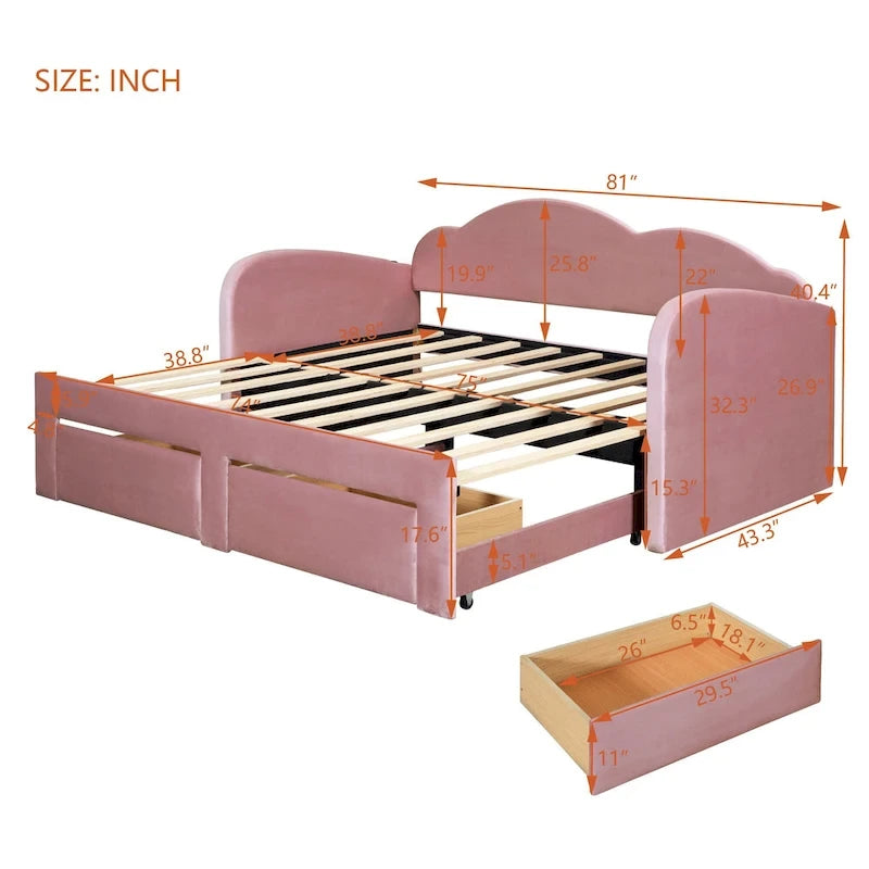 Beige Twin Upholstered Daybed with Cloud-Shaped Backrest, Trundle and Drawers