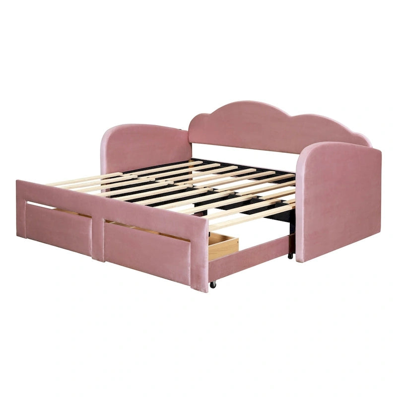 Beige Twin Upholstered Daybed with Cloud-Shaped Backrest, Trundle and Drawers