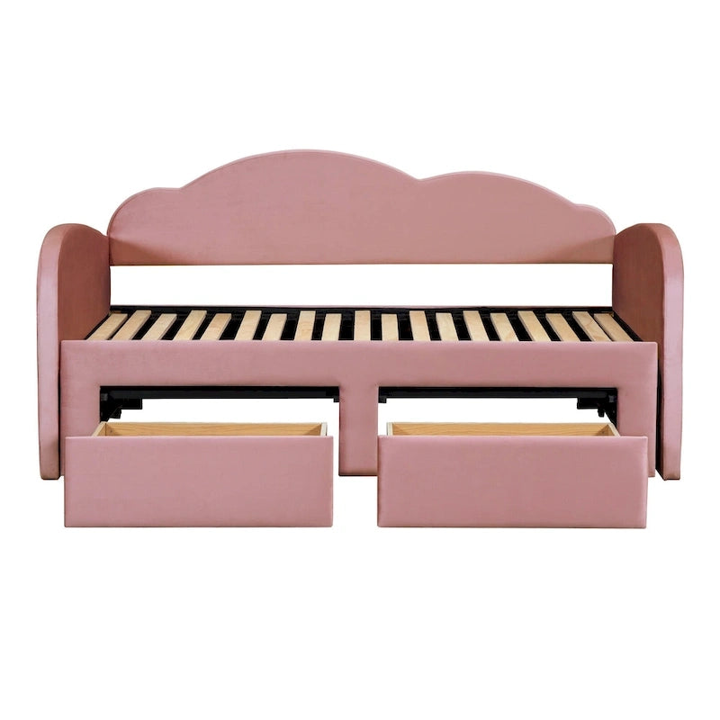 Beige Twin Upholstered Daybed with Cloud-Shaped Backrest, Trundle and Drawers