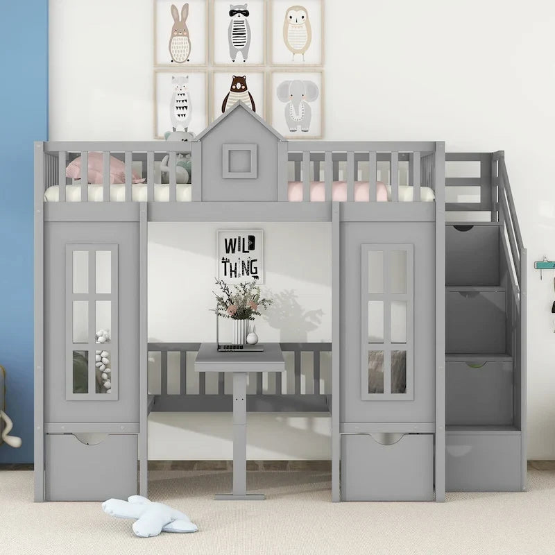 Gray Twin-Over-Twin Bunk Bed with Convertible Desk