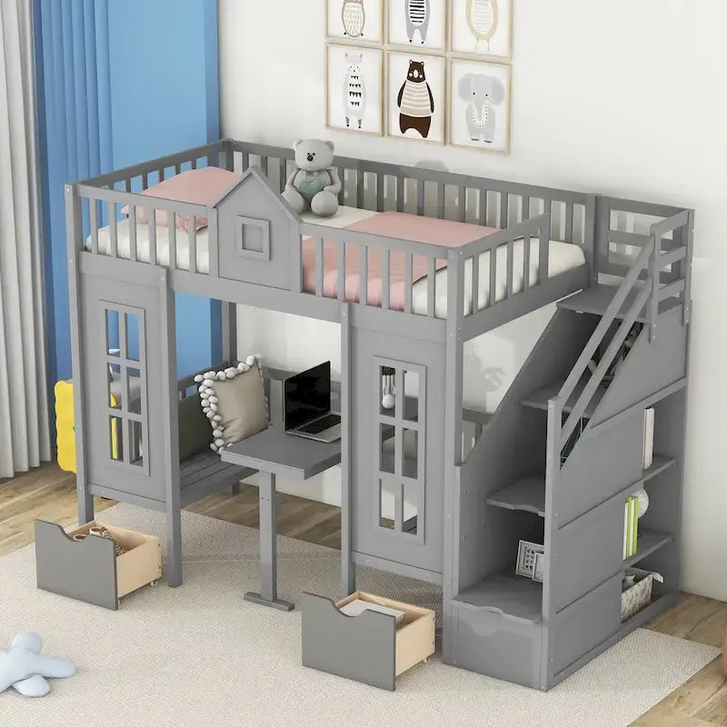 Gray Twin-Over-Twin Bunk Bed with Convertible Desk