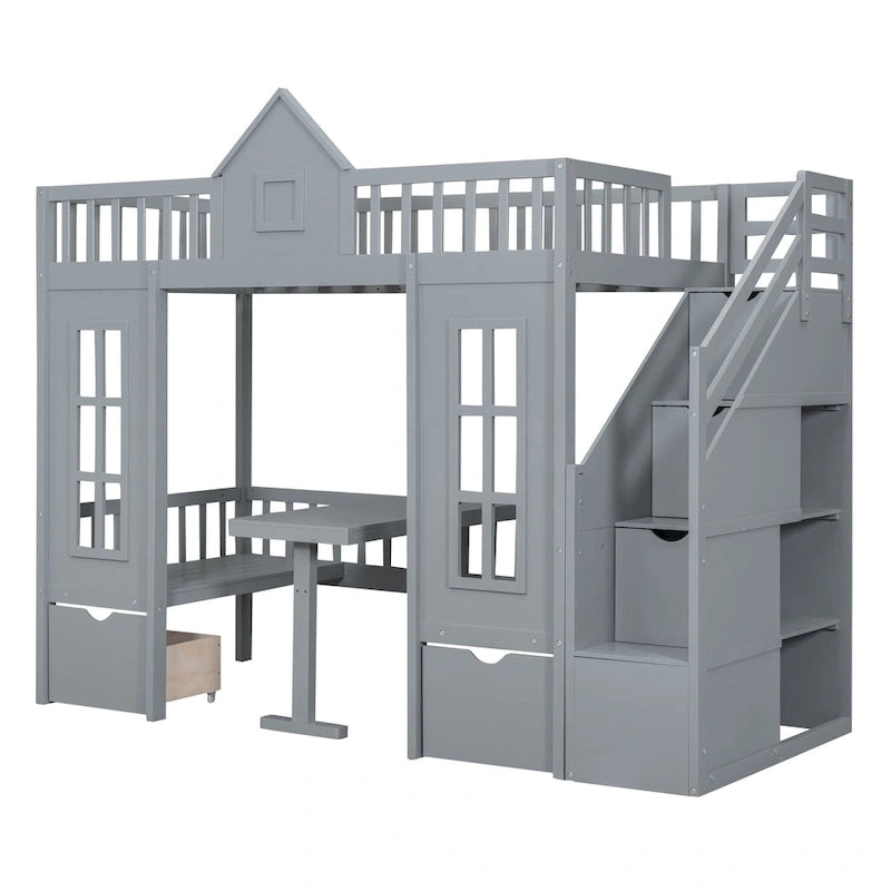 Gray Twin-Over-Twin Bunk Bed with Convertible Desk