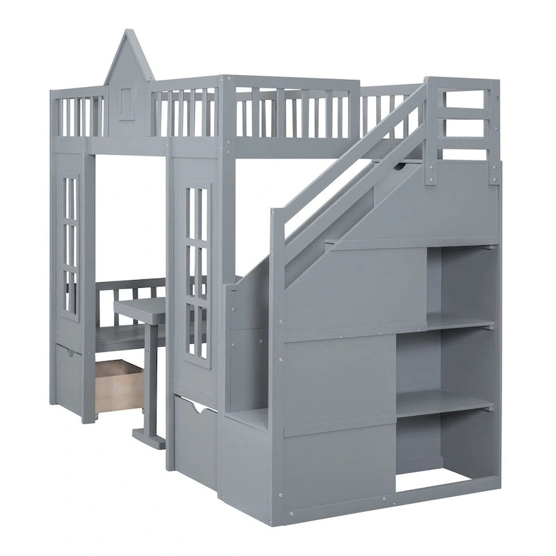 Gray Twin-Over-Twin Bunk Bed with Convertible Desk
