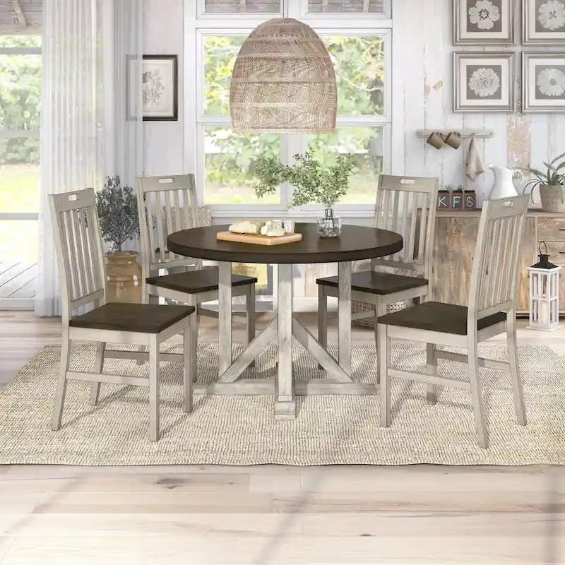 Derry Farmhouse, set da pranzo 5 pezzi in legno massello bianco antico e rovere scuro, di Furniture of America