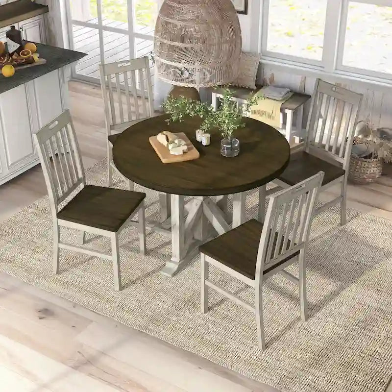 Derry Farmhouse, set da pranzo 5 pezzi in legno massello bianco antico e rovere scuro, di Furniture of America