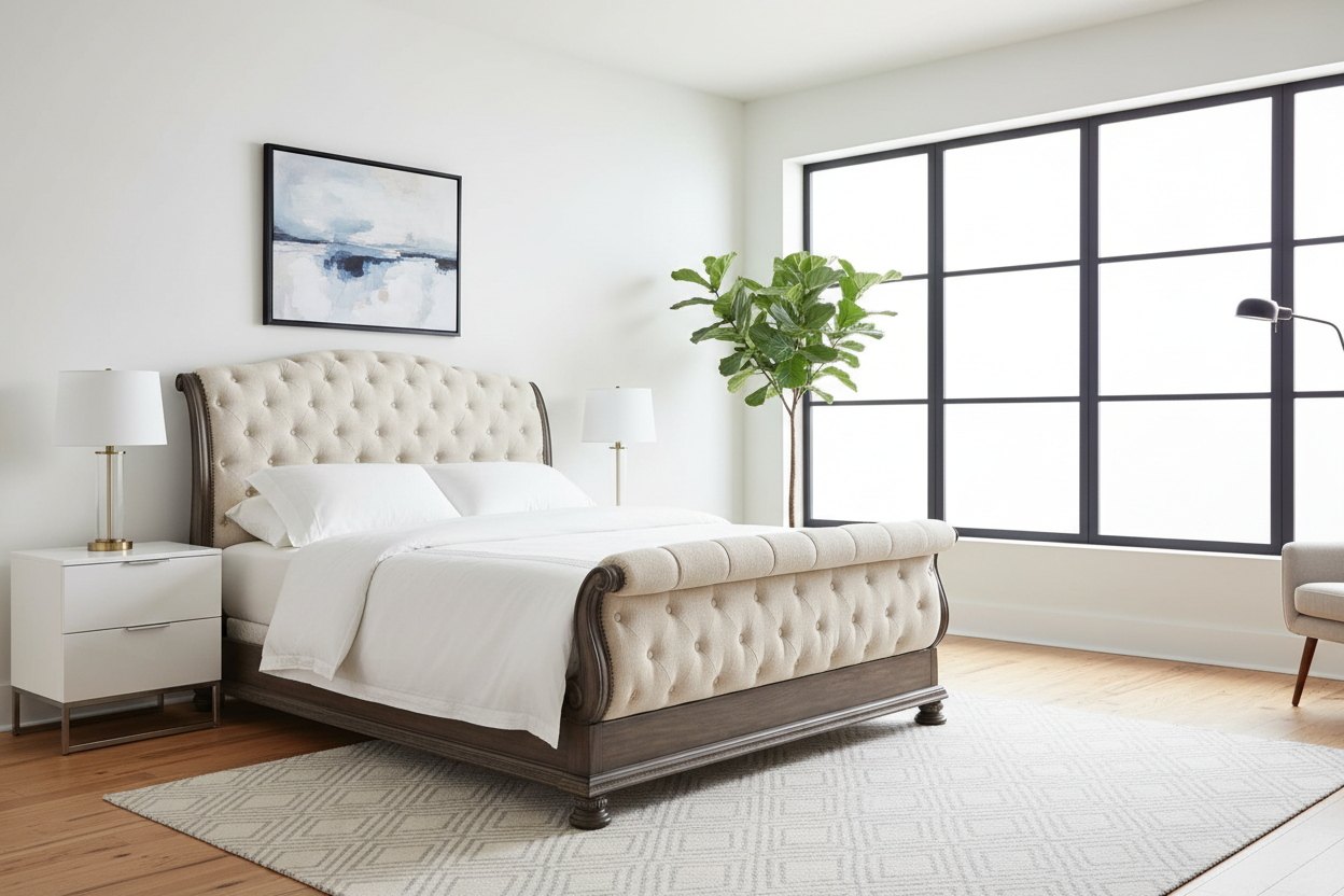 Brown and Beige King Sleigh Bed with Button Tufting