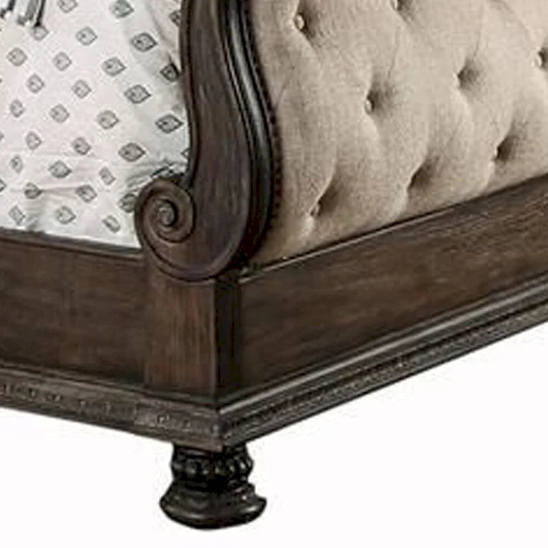 Brown and Beige King Sleigh Bed with Button Tufting