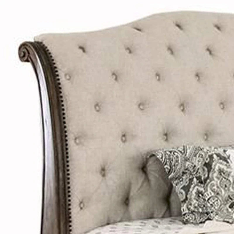 Brown and Beige King Sleigh Bed with Button Tufting