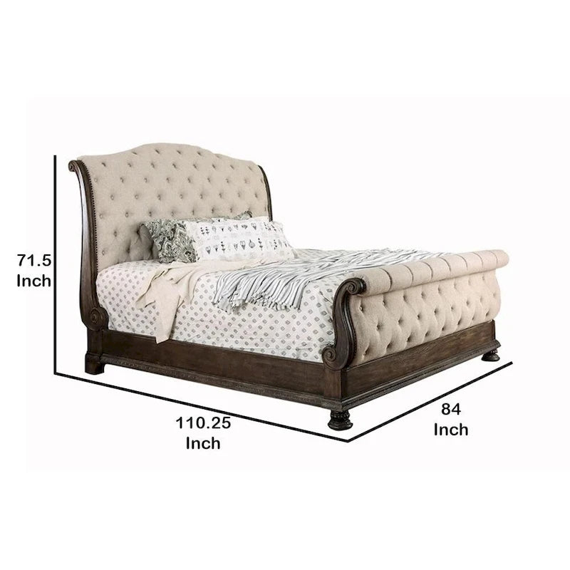 Brown and Beige King Sleigh Bed with Button Tufting