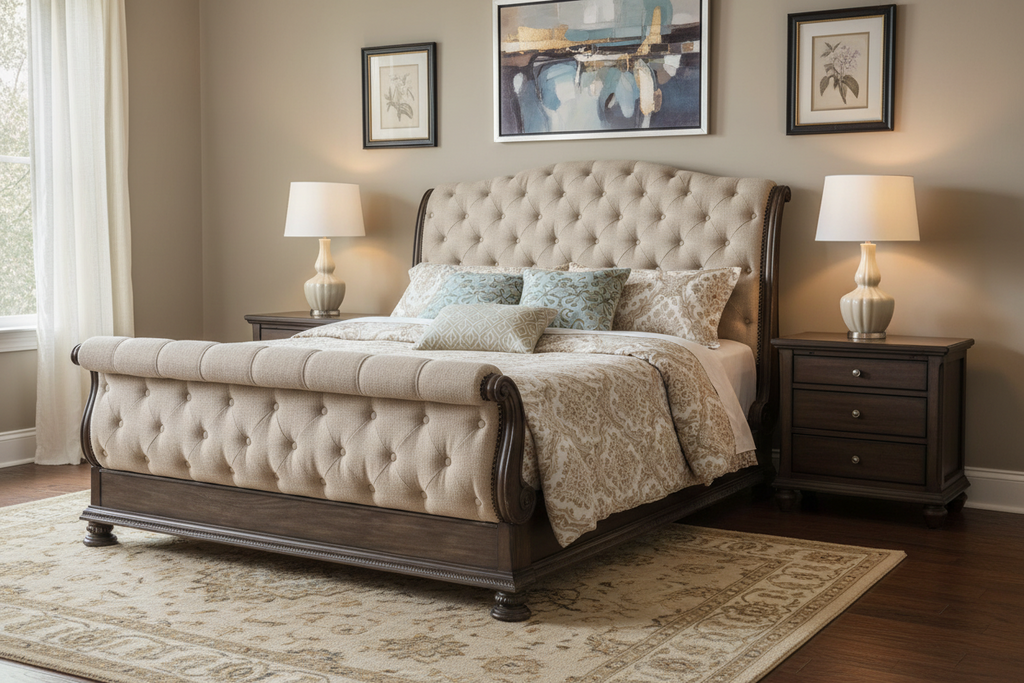 Brown and Beige King Sleigh Bed with Button Tufting