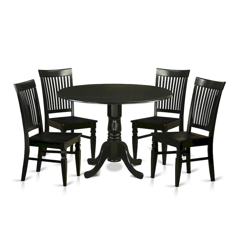 East West Furniture Set da pranzo 5 pezzi - un tavolo da pranzo rotondo con ribalte e 4 sedie da sala da pranzo, (Opzioni di finitura)