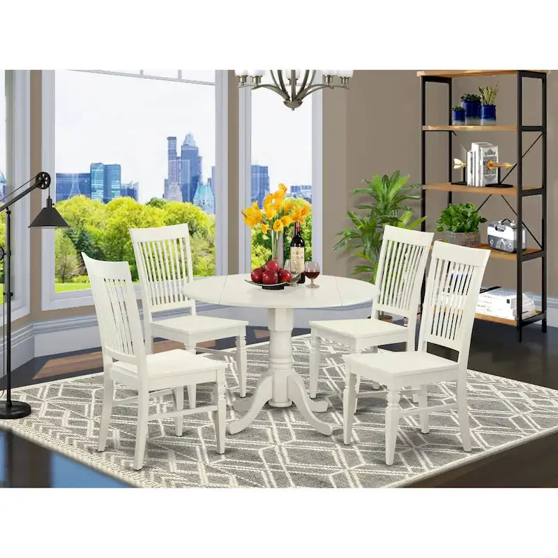East West Furniture Set da pranzo 5 pezzi - un tavolo da pranzo rotondo con ribalte e 4 sedie da sala da pranzo, (Opzioni di finitura)