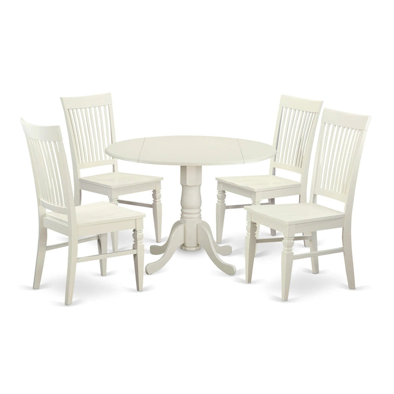 East West Furniture Set da pranzo 5 pezzi - un tavolo da pranzo rotondo con ribalte e 4 sedie da sala da pranzo, (Opzioni di finitura)