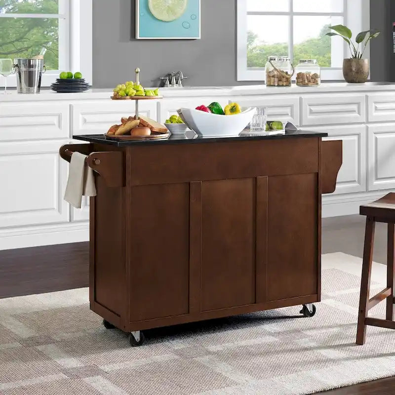 Isola da Cucina Portatile con Piano in Granito Nero - Legno di Mogano