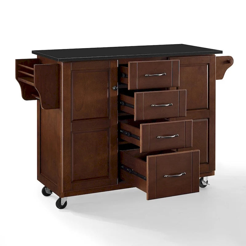 Isola da Cucina Portatile con Piano in Granito Nero - Legno di Mogano