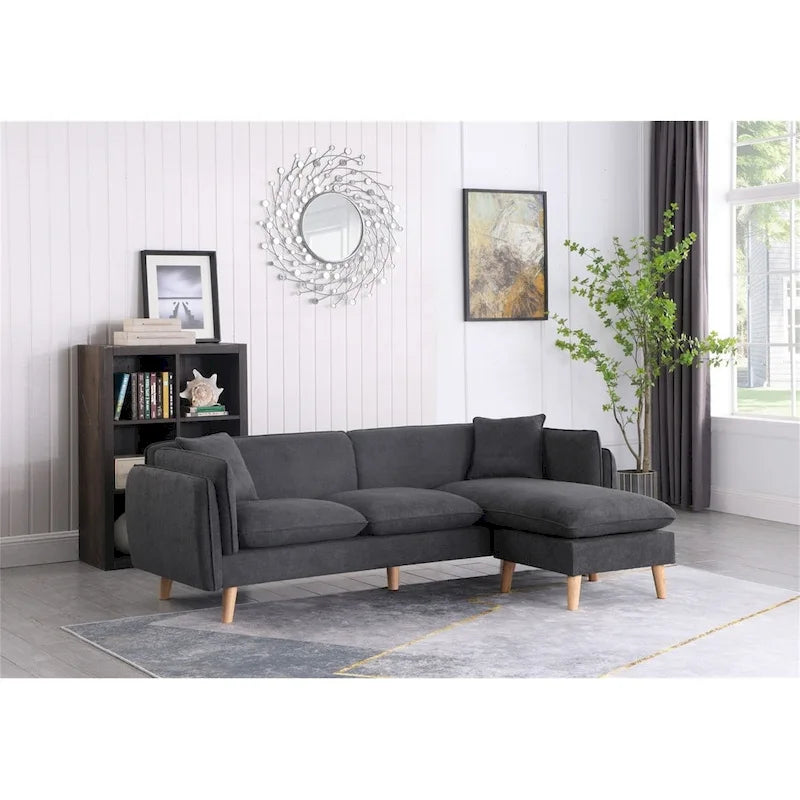Divano componibile in tessuto con chaise longue e gambe affusolate