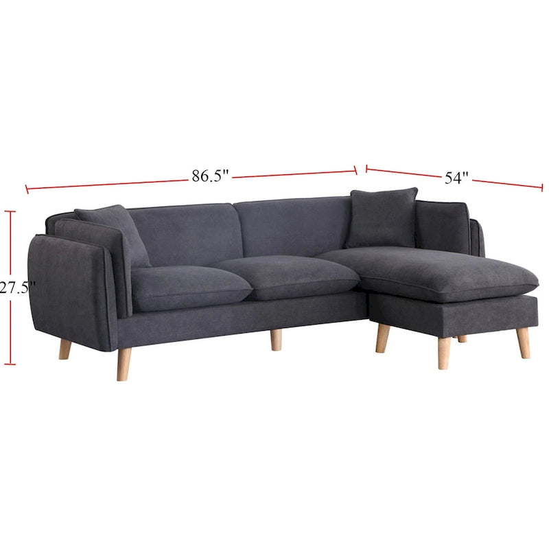 Divano componibile in tessuto con chaise longue e gambe affusolate