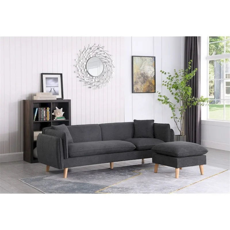 Divano componibile in tessuto con chaise longue e gambe affusolate