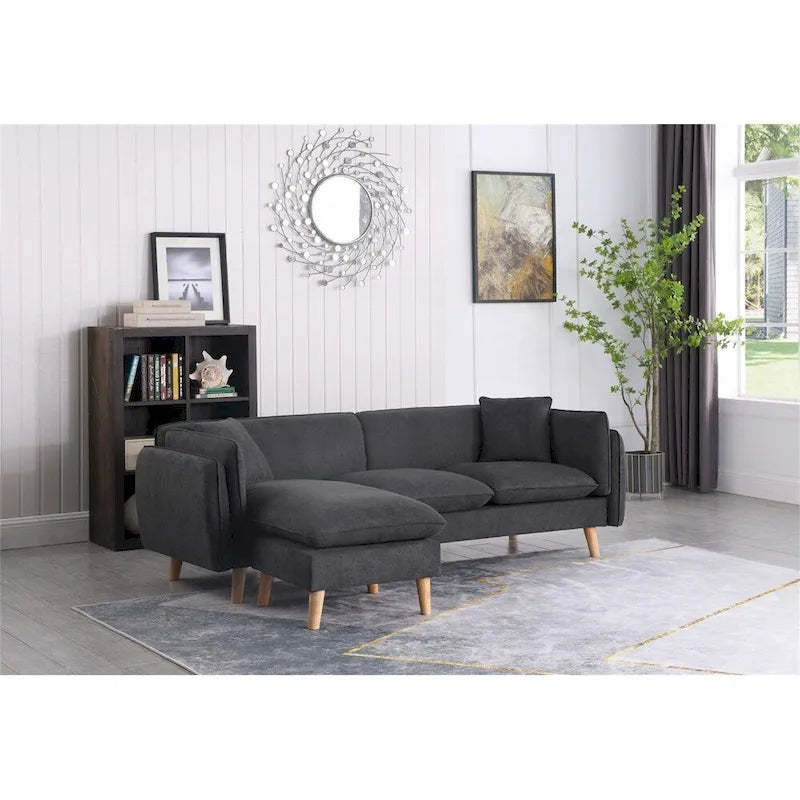 Divano componibile in tessuto con chaise longue e gambe affusolate