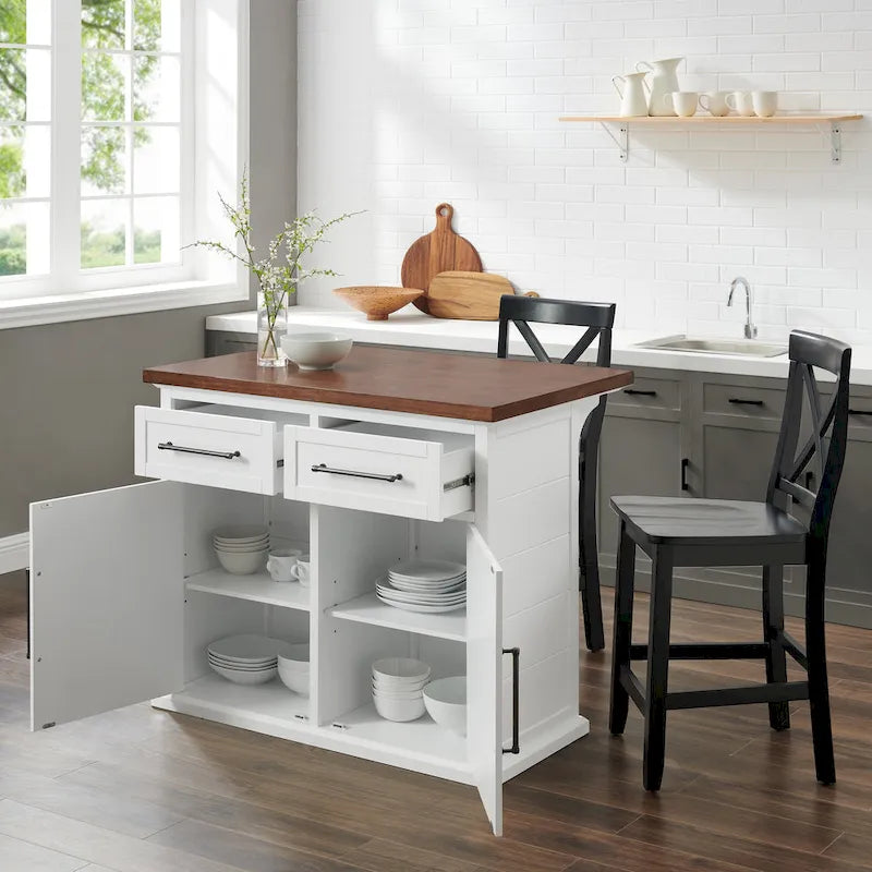 Isola da cucina Crosley Bartlett con piano in legno e sgabelli con schienale a X
