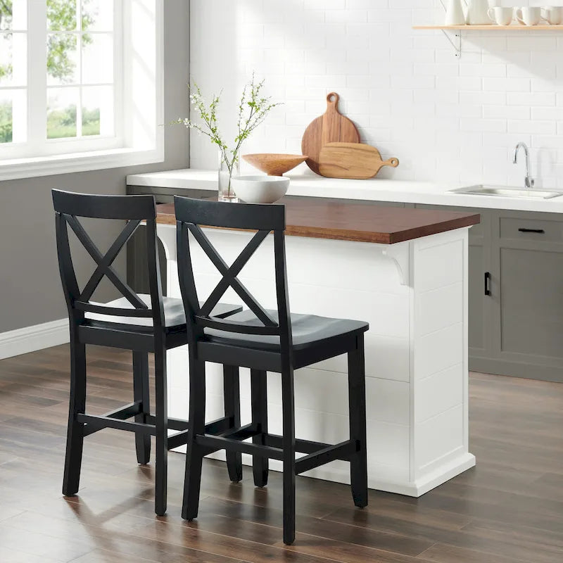 Isola da cucina Crosley Bartlett con piano in legno e sgabelli con schienale a X