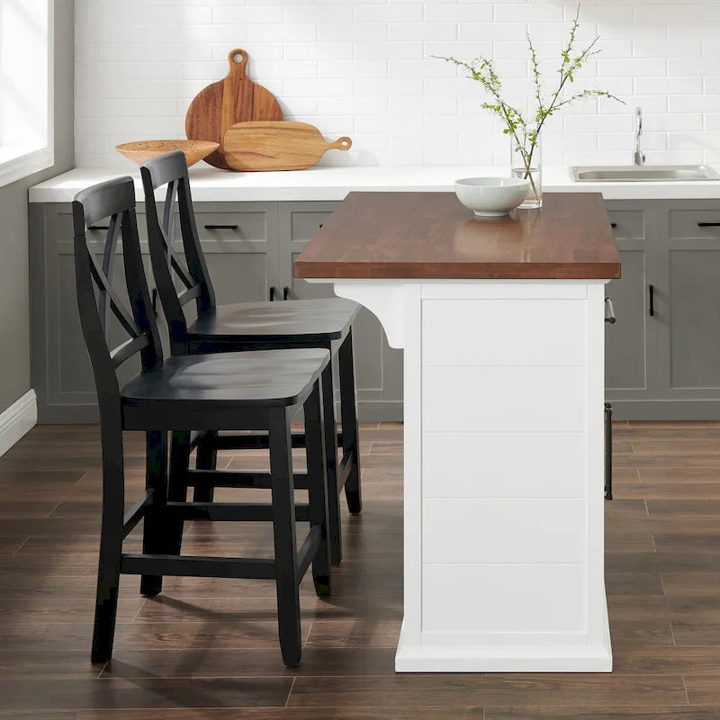 Isola da cucina Crosley Bartlett con piano in legno e sgabelli con schienale a X