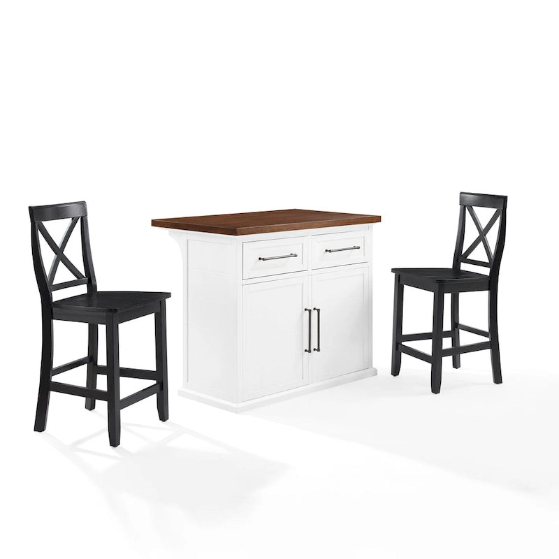 Isola da cucina Crosley Bartlett con piano in legno e sgabelli con schienale a X