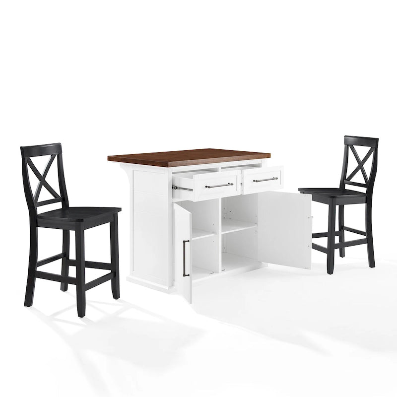 Isola da cucina Crosley Bartlett con piano in legno e sgabelli con schienale a X