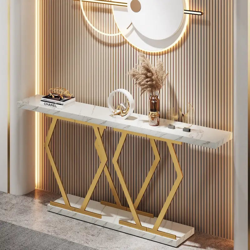 Consolle da divano moderna extra lunga da 70,9 pollici con piano in finto marmo e base con struttura dorata per soggiorno, ingresso, corridoio