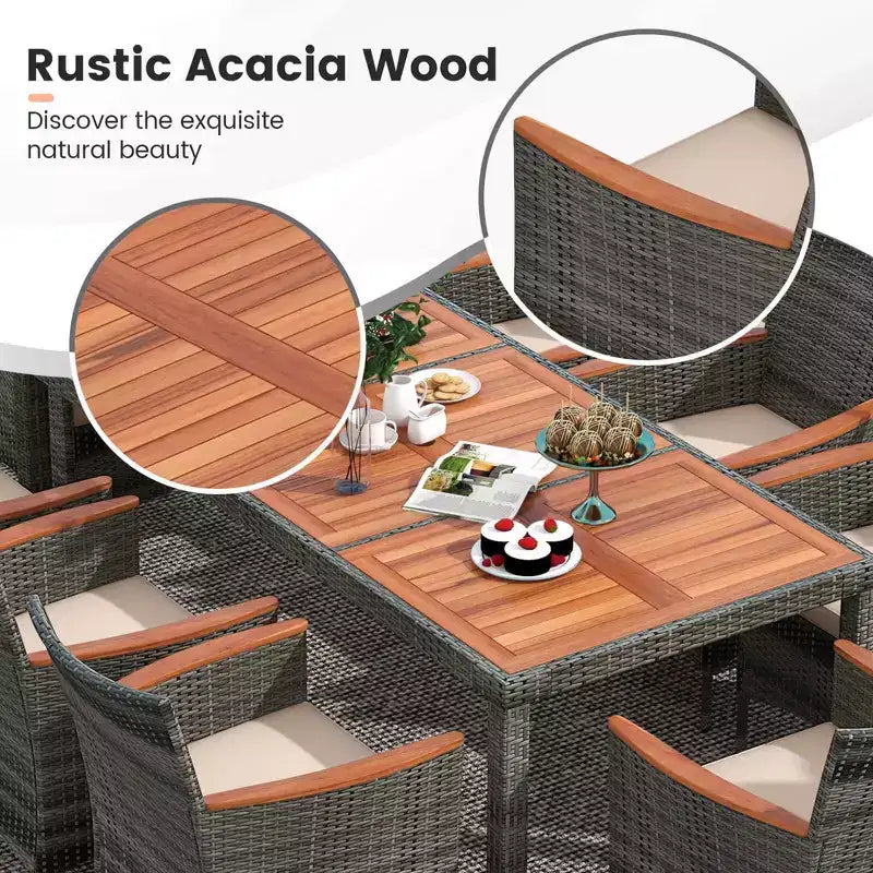 Set da pranzo in vimini da esterno Costway 10 pezzi con ombrellone da patio a doppia faccia 8 poltrone grigio/rosso/arancione/turchese/beige/caffè