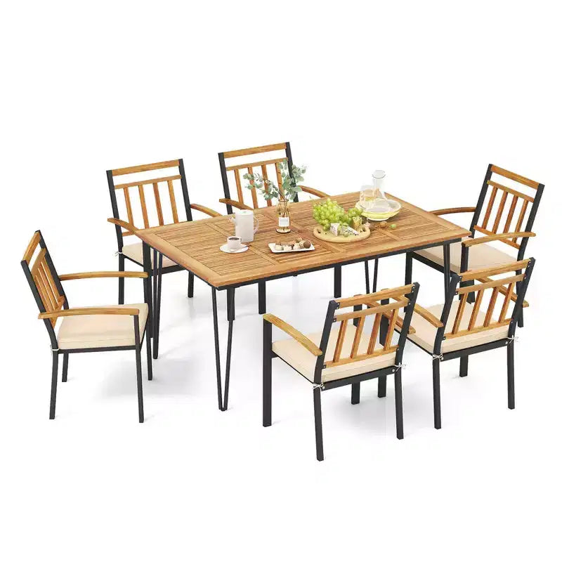 Costway Set da Pranzo per Esterno 7 Pezzi con Tavolo in Legno di Acacia Poltrone in Rattan Cuscini Morbidi