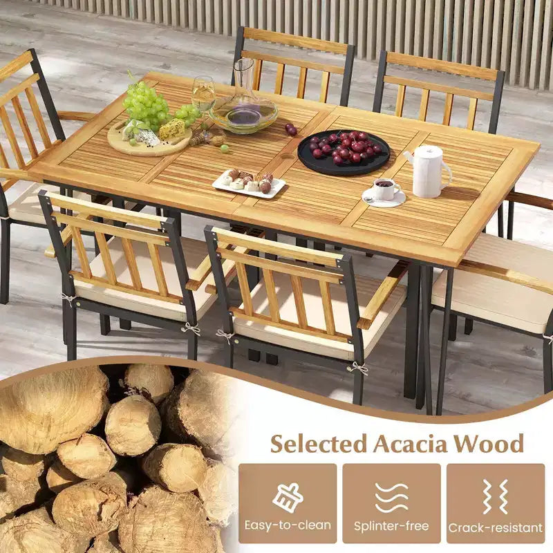 Costway Set da Pranzo per Esterno 7 Pezzi con Tavolo in Legno di Acacia Poltrone in Rattan Cuscini Morbidi