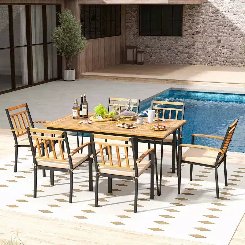 Costway Set da Pranzo per Esterno 7 Pezzi con Tavolo in Legno di Acacia Poltrone in Rattan Cuscini Morbidi