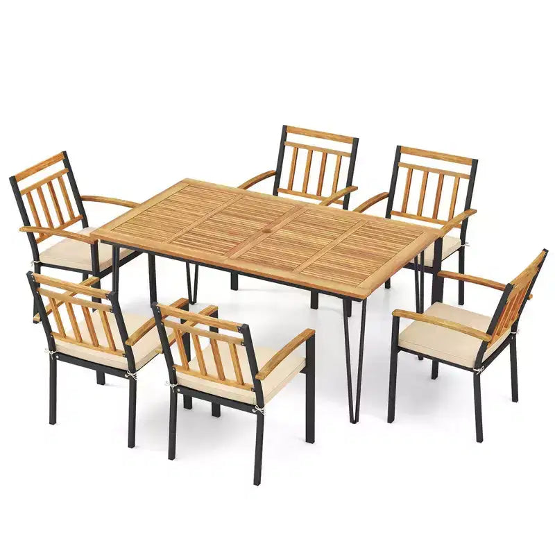 Costway Set da Pranzo per Esterno 7 Pezzi con Tavolo in Legno di Acacia Poltrone in Rattan Cuscini Morbidi