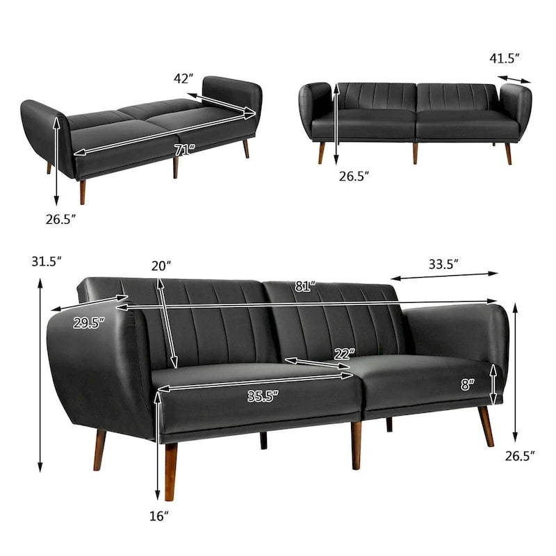Divano Letto Futon Convertibile - Similpelle Nera - Regolabile in 3 Posizioni