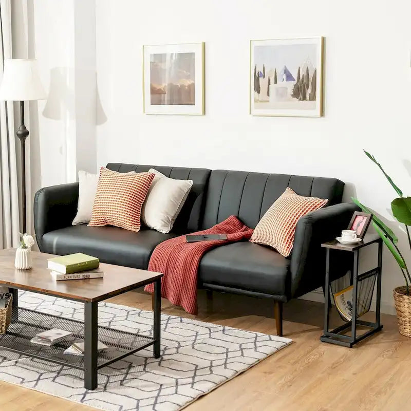 Divano Letto Futon Convertibile - Similpelle Nera - Regolabile in 3 Posizioni