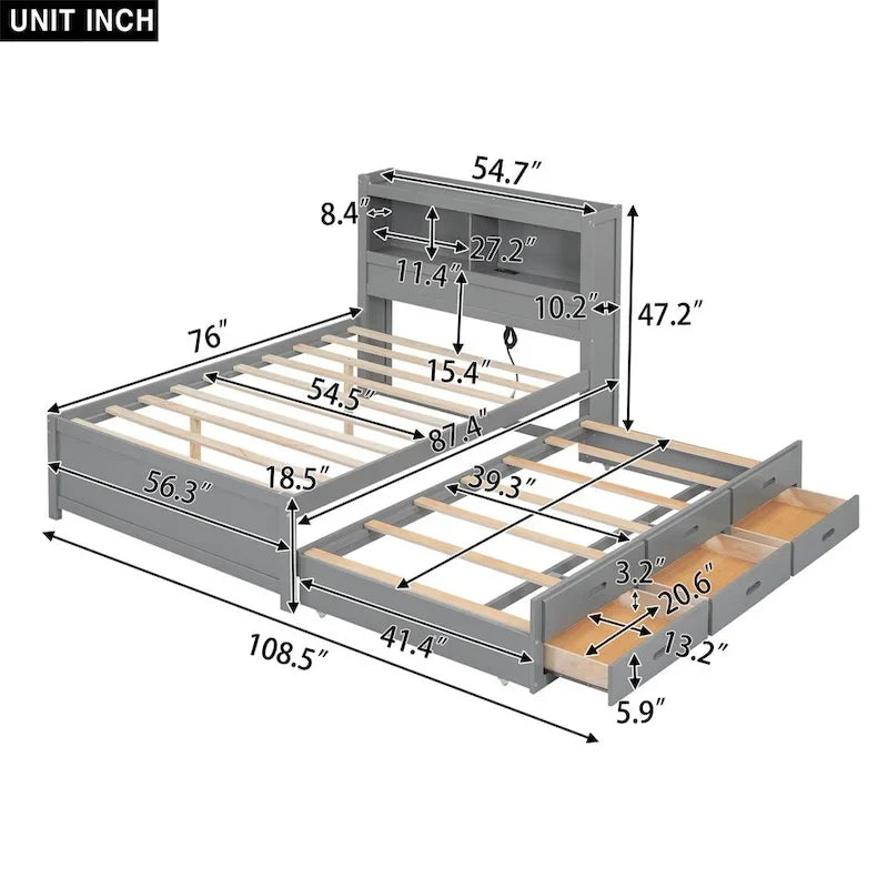 Letto a piattaforma a una piazza e mezza con letto estraibile e prese USB