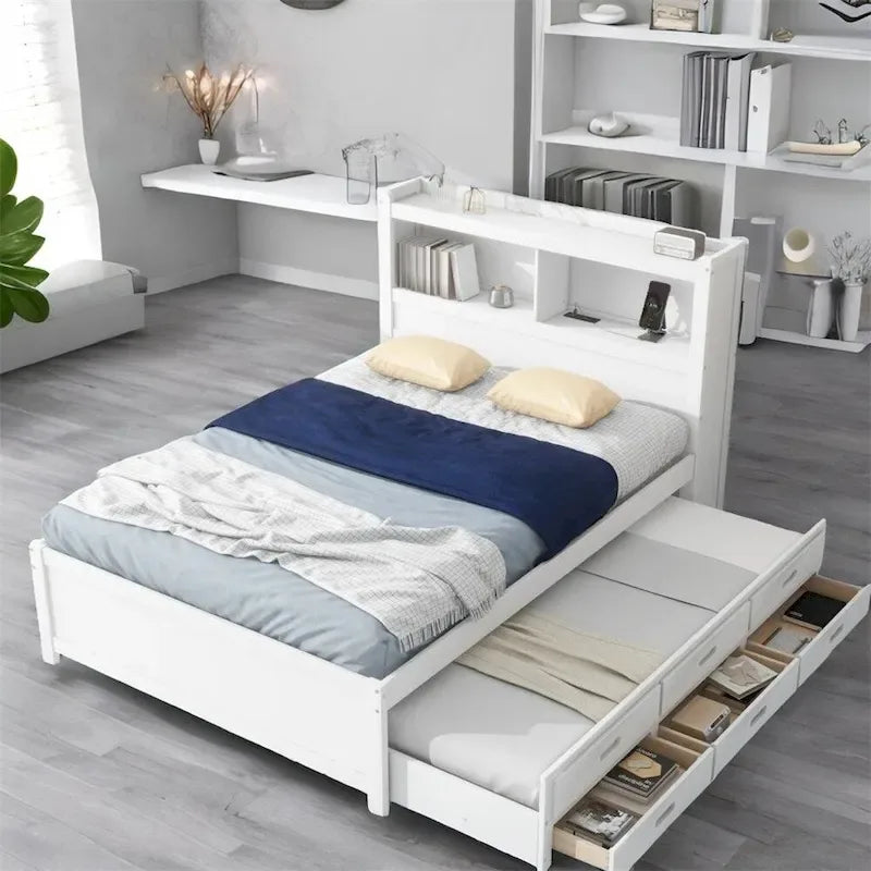 Letto a piattaforma a una piazza e mezza con letto estraibile e prese USB