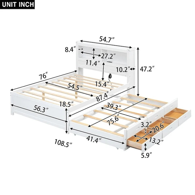 Letto a piattaforma a una piazza e mezza con letto estraibile e prese USB