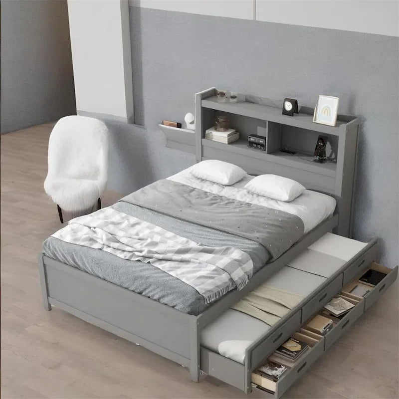 Letto a piattaforma a una piazza e mezza con letto estraibile e prese USB