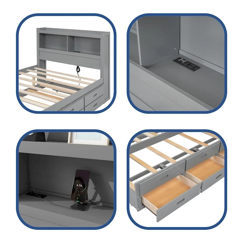 Letto a piattaforma a una piazza e mezza con letto estraibile e prese USB