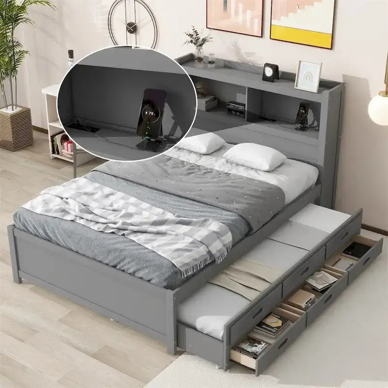 Letto a piattaforma a una piazza e mezza con letto estraibile e prese USB