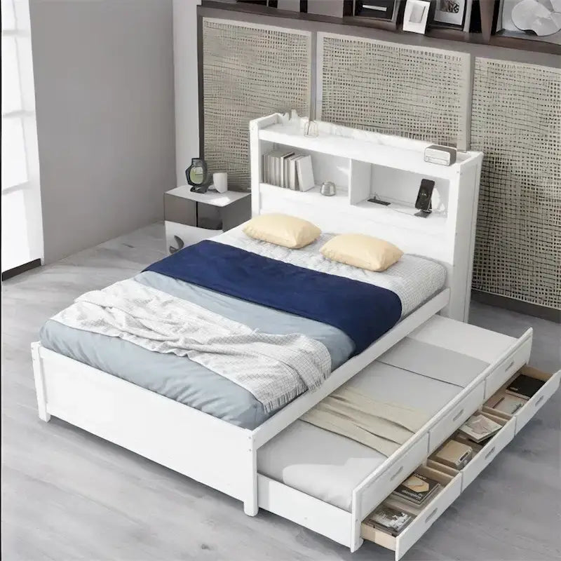 Letto a piattaforma a una piazza e mezza con letto estraibile e prese USB