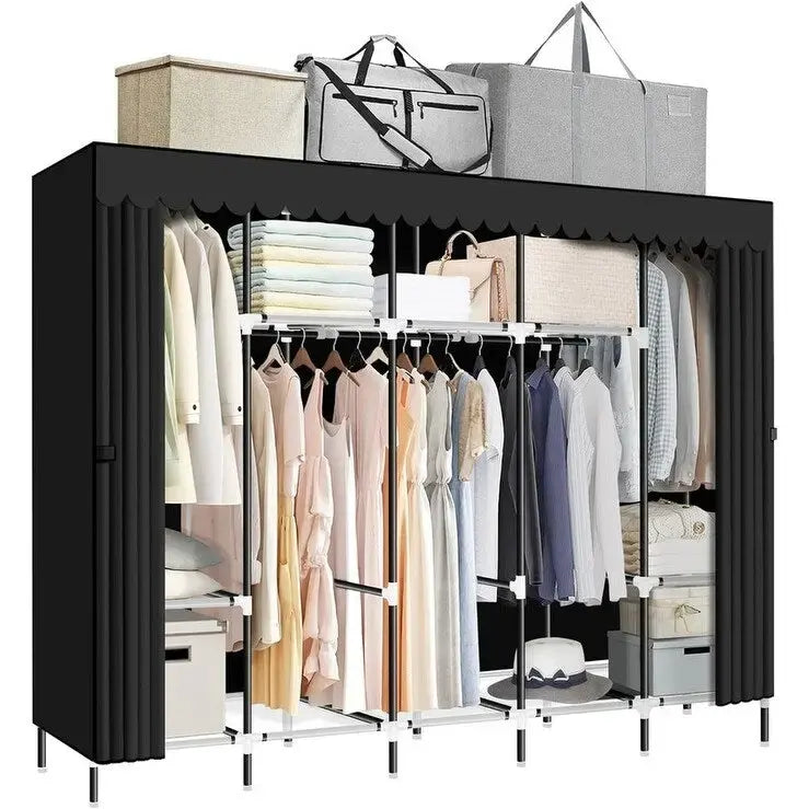 Black/Grey Portable Wardrobe Closet with Hanging Rods and Shelves