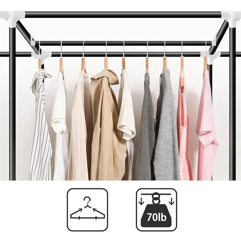 Black/Grey Portable Wardrobe Closet with Hanging Rods and Shelves