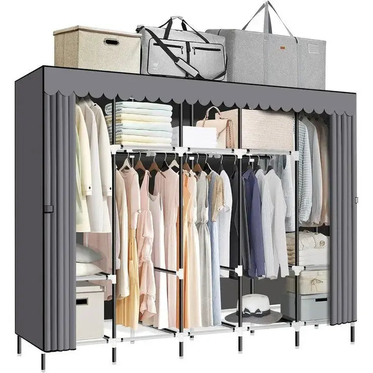 Black/Grey Portable Wardrobe Closet with Hanging Rods and Shelves